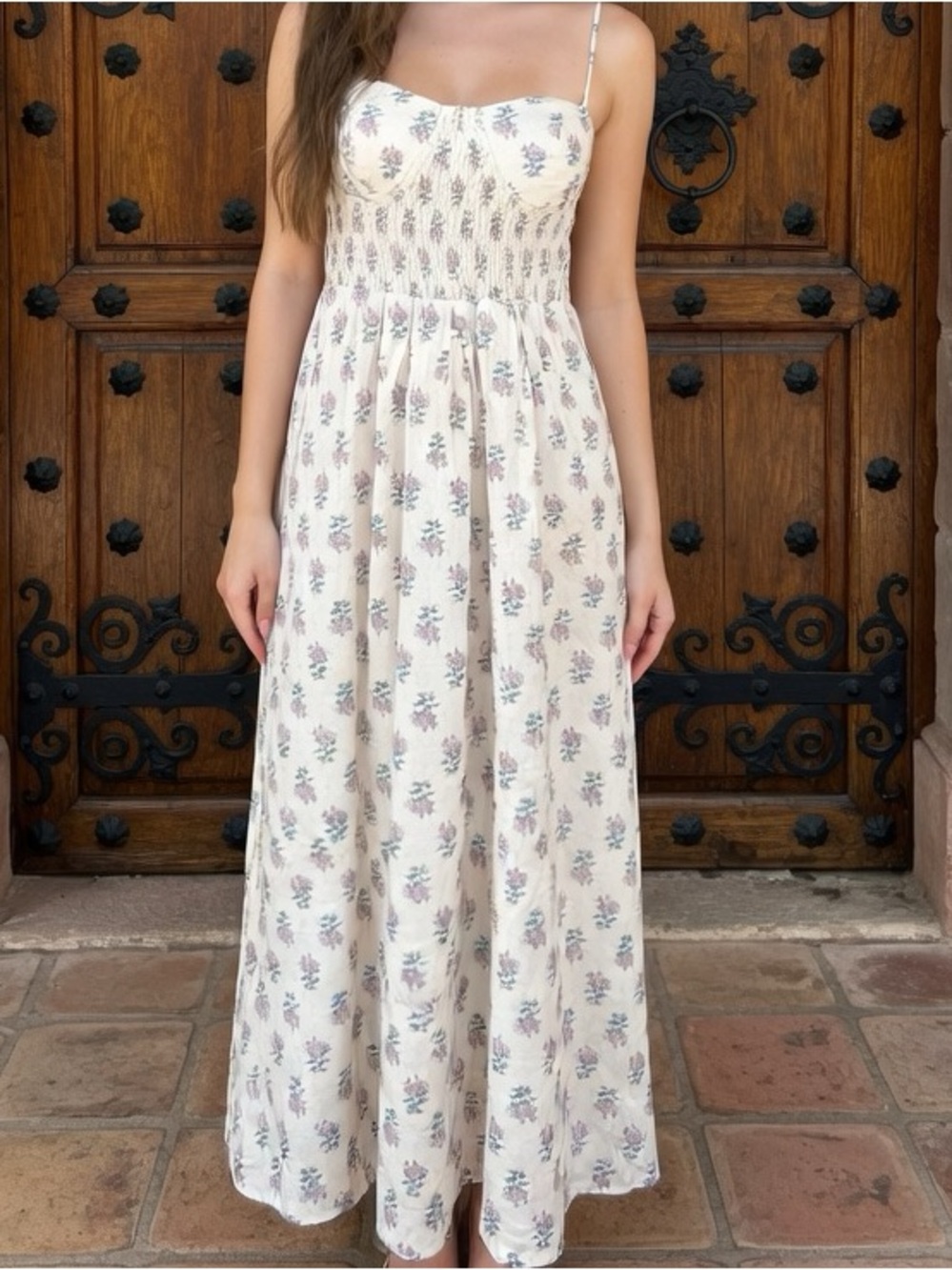 NWT AUREUM Ivory Floral Smoked Bustier Midi Dress Cottagecore Sundress